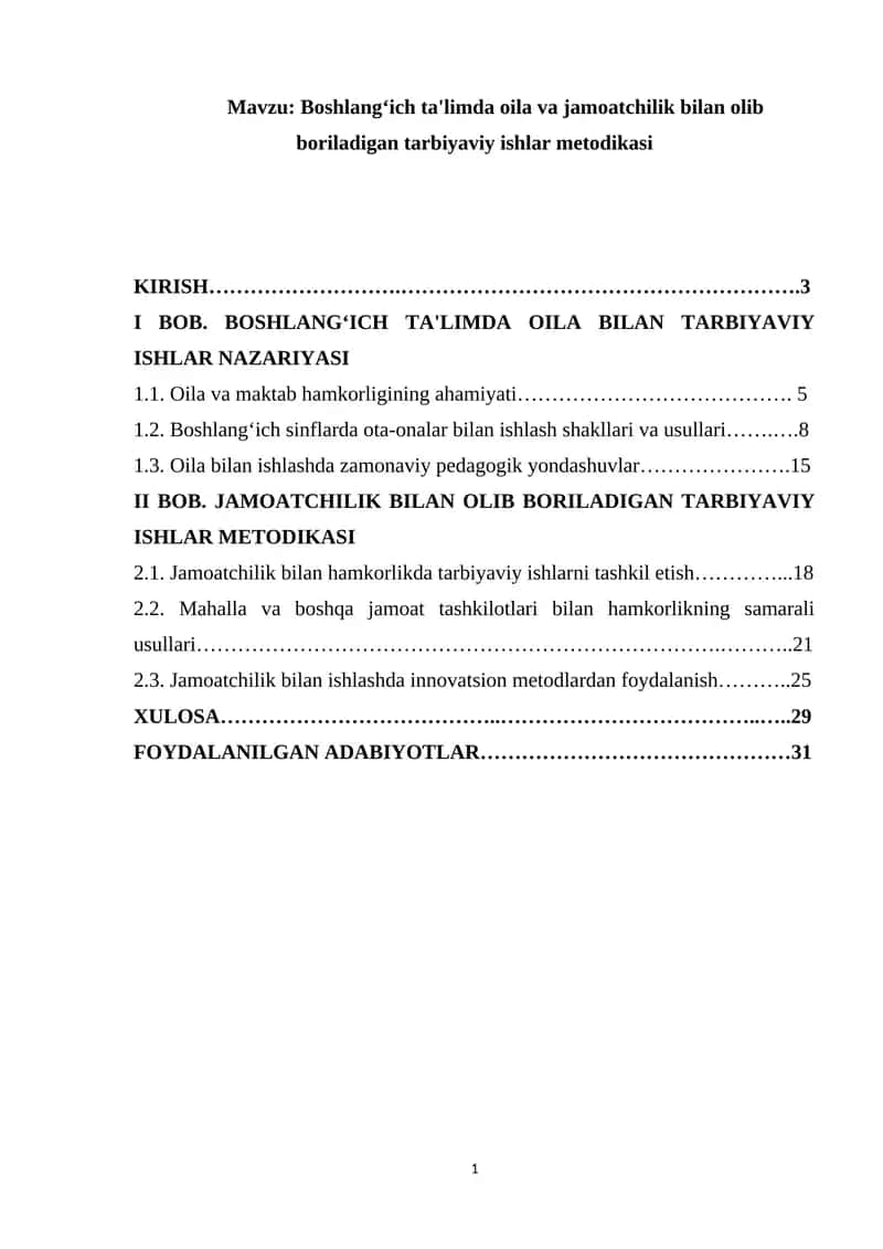 Boshlang‘ich ta'limda oila va jamoatchilik bilan olib boriladigan tarbiyaviy ishlar metodikasi 1