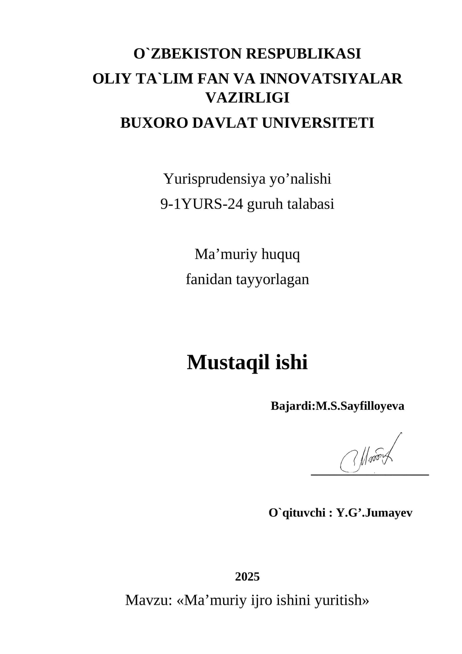 Ma’muriy ijro ishini yuritish 1