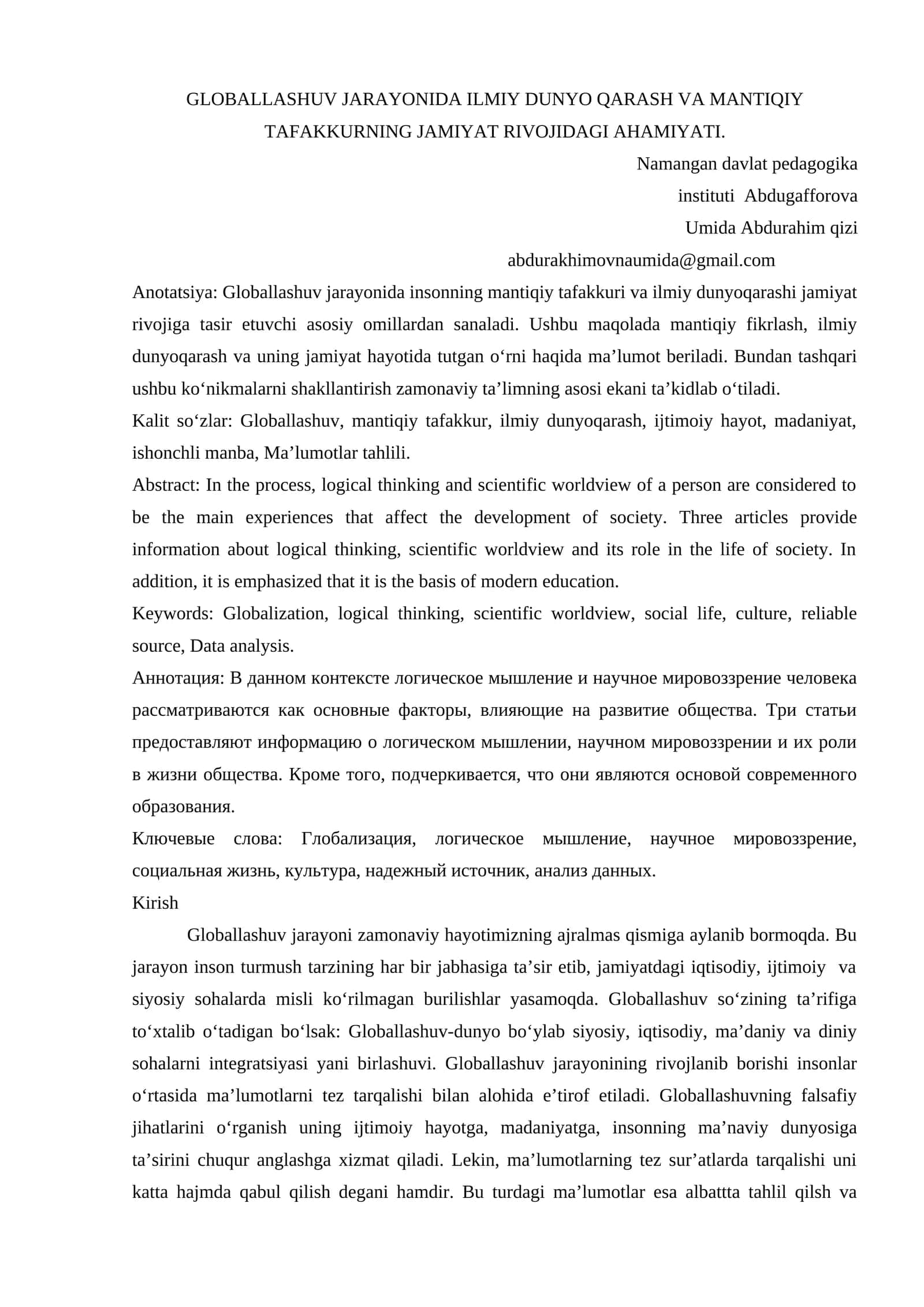 GLOBALLASHUV JARAYONIDA ILMIY DUNYO QARASH VA MANTIQIY TAFAKKURNING JAMIYAT RIVOJIDAGI AHAMIYATI 1
