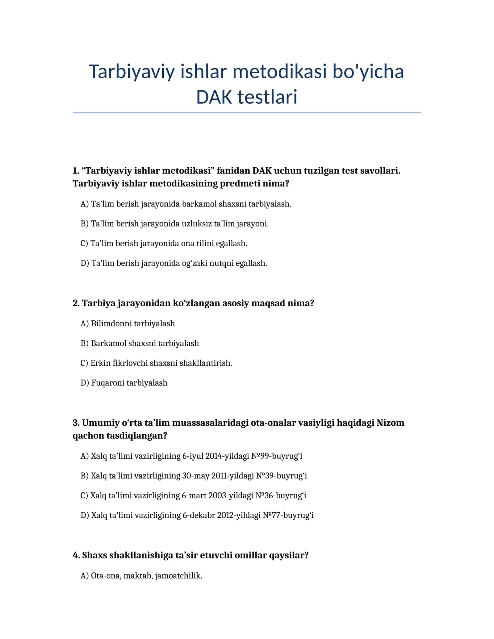 Tarbiyaviy ishlar metodikasi bo'yicha DAK testlari 1