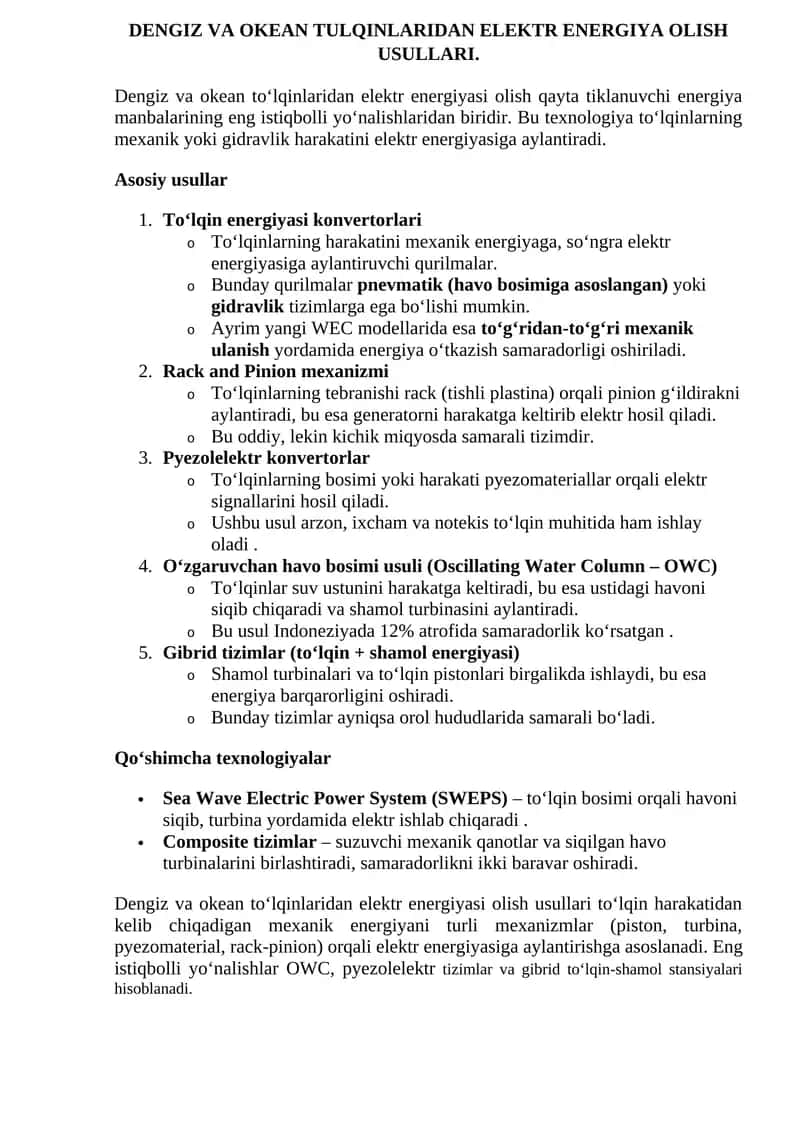 Dengiz va okean tulqinlaridan elektr energiya olish usullari 1
