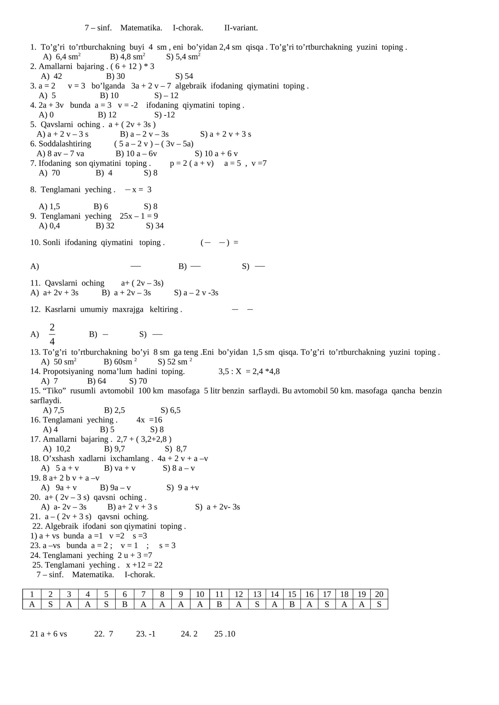 Matematika sinovi 7-sinf 1