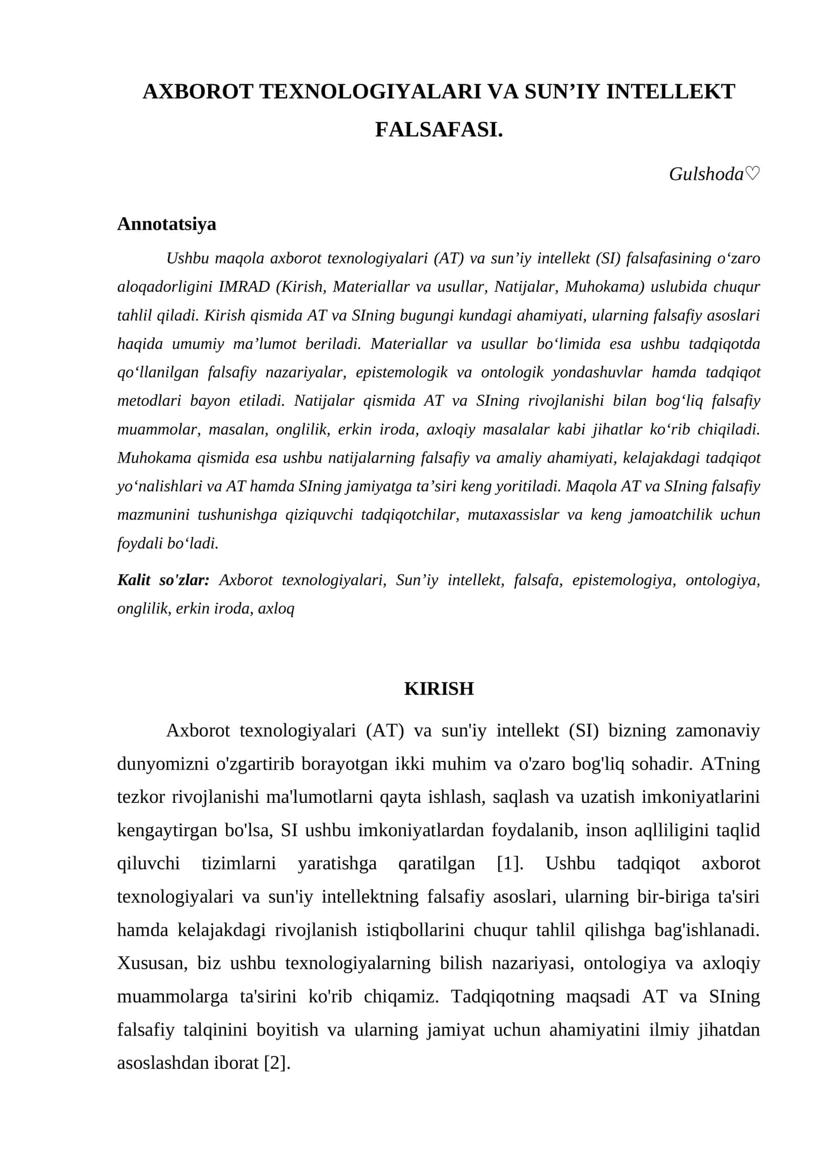 Axborot Texnologiyalari va Sun’iy Intellekt Falsafasi 1