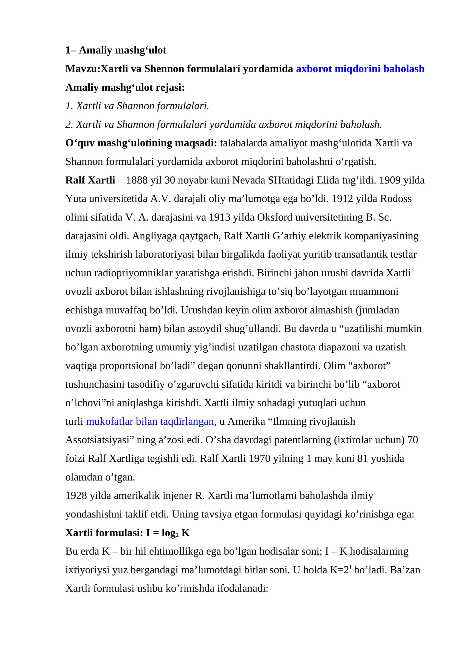 Xartli va Shennon formulalari yordamida axborot miqdorini baholash 1