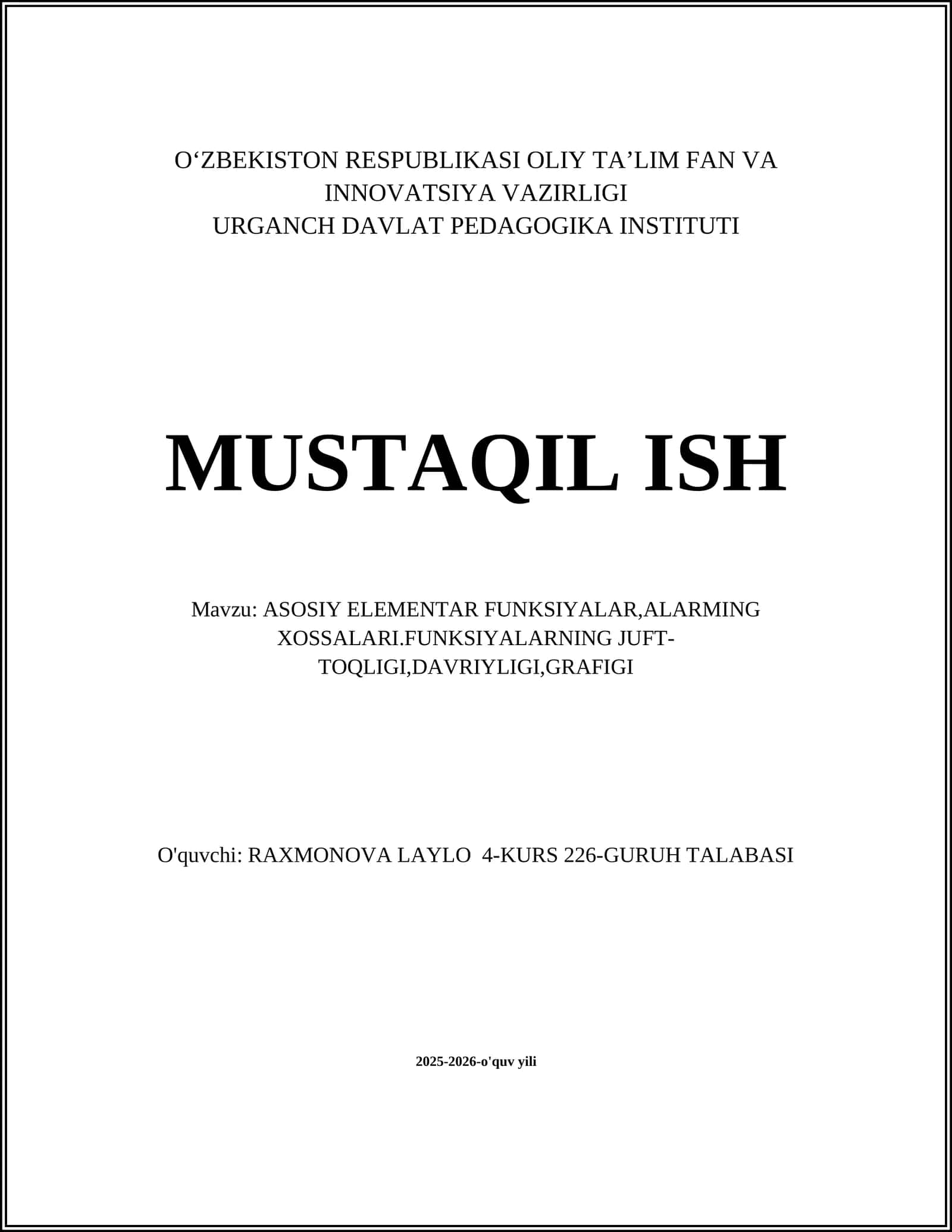 ASOSIY ELEMENTAR FUNKSIYALAR,ALARMING XOSSALARI.FUNKSIYALARNING JUFT-TOQLIGI,D 1