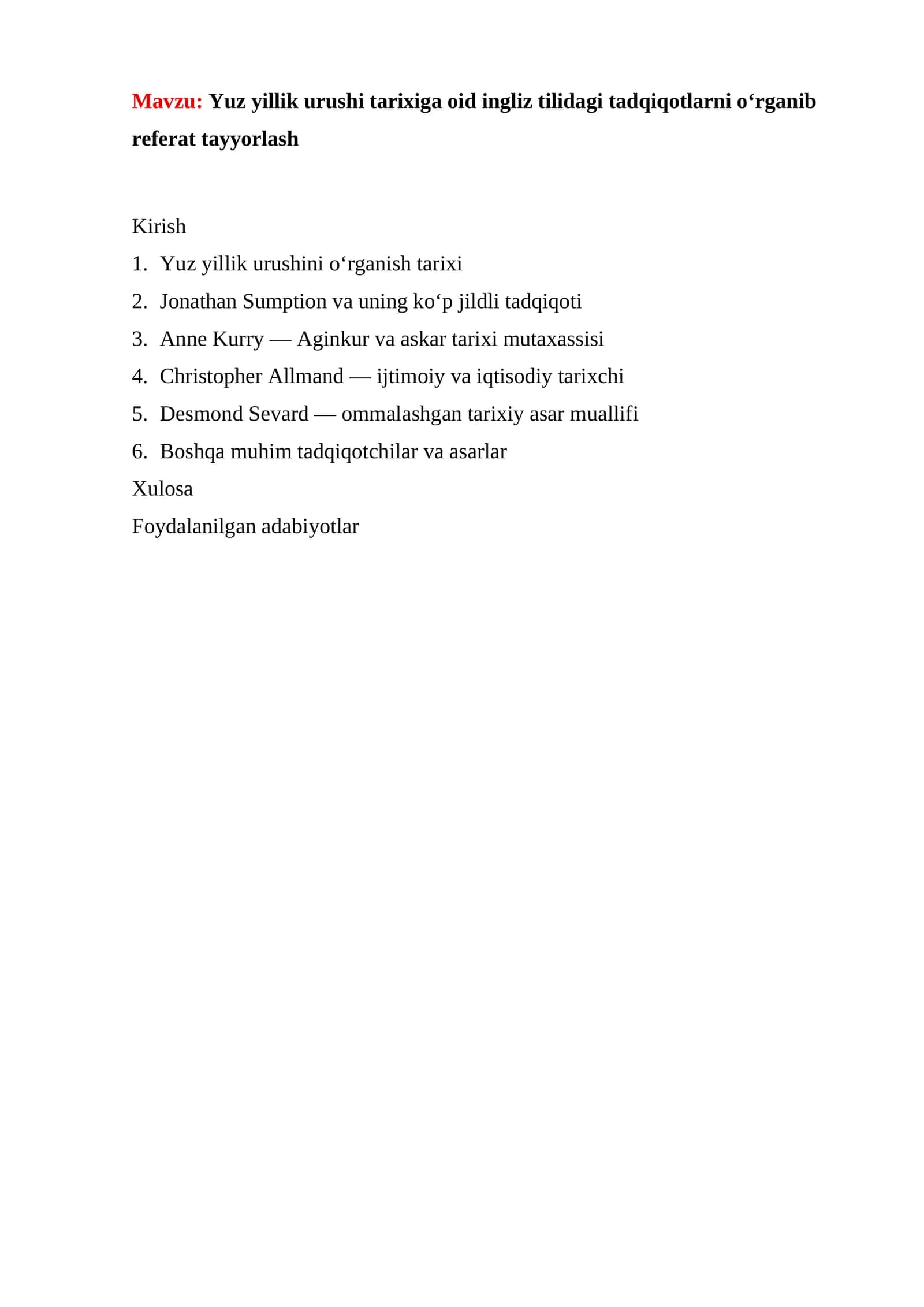 Yuz yillik urushi tarixiga oid ingliz tilidagi tadqiqotlarni o‘rganib referat tayyorlash 1