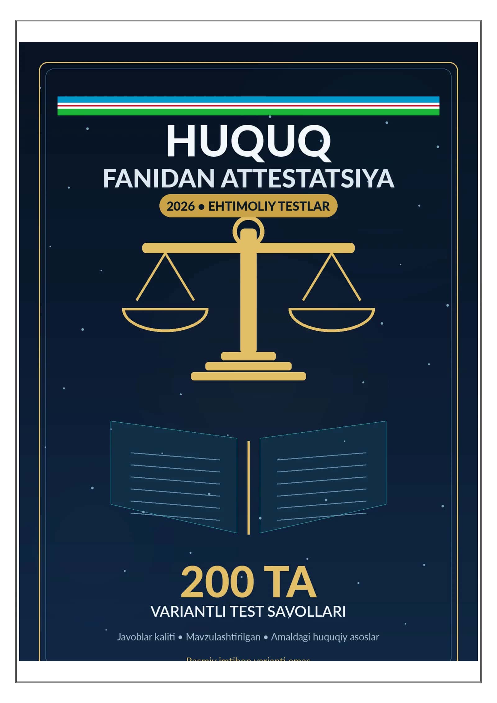 HUQUQ FANIDAN ATTESTATSIYA 2026 | 200 TA EHTIMOLIY TEST | JAVOBLARI BILAN 1