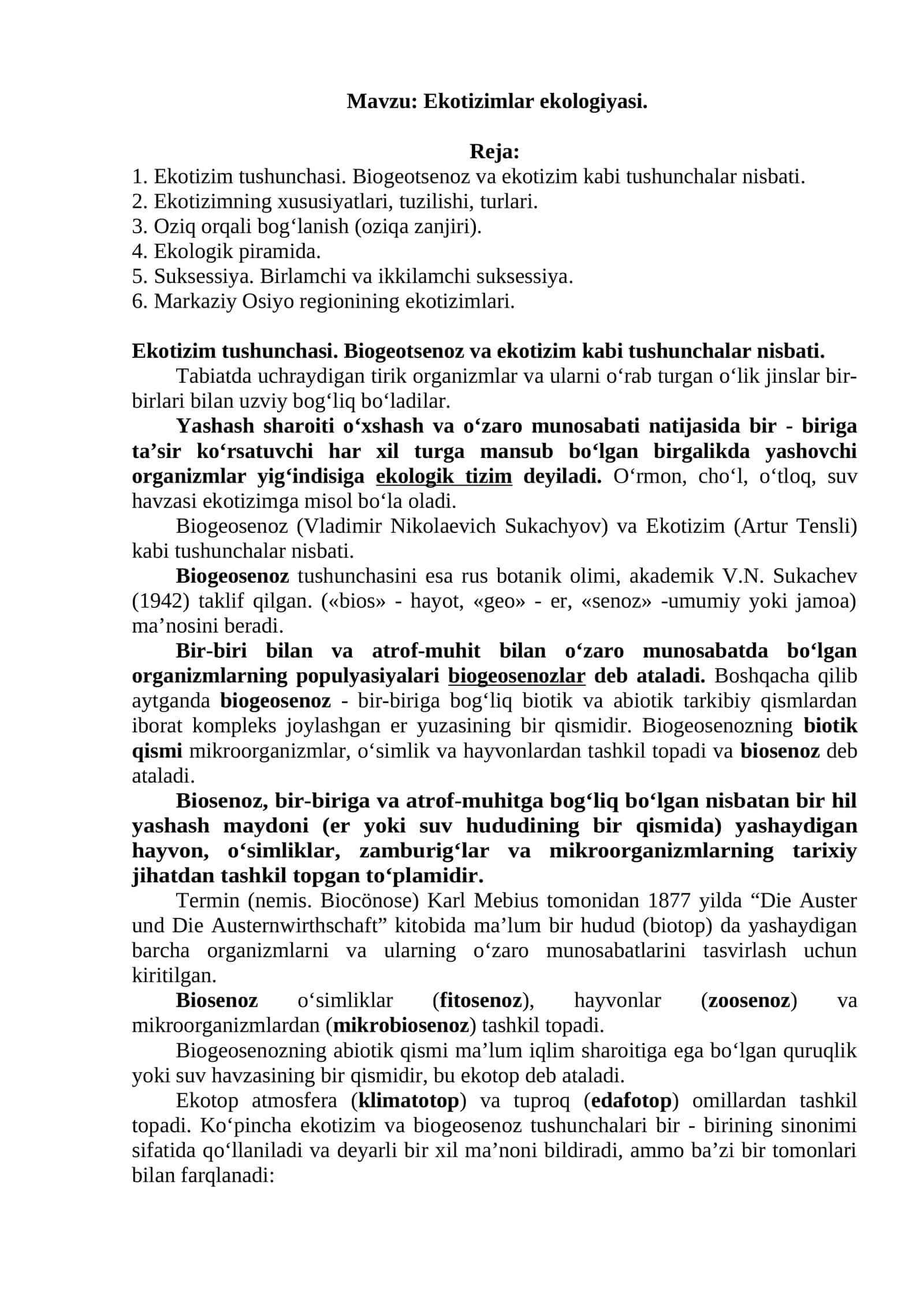 Ekotizimlar ekologiyasi 1