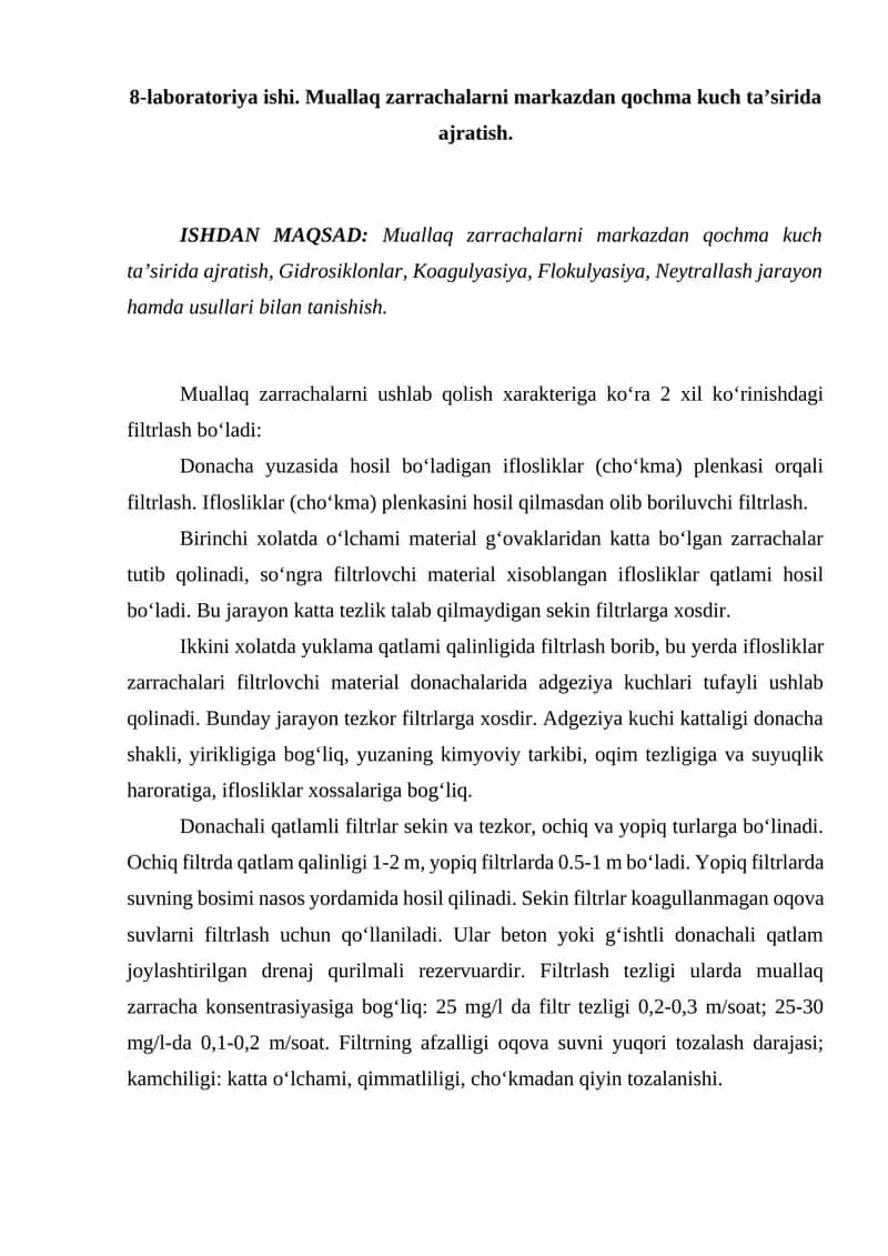 Muallaq zarrachalarni markazdan qochma kuch ta’sirida ajratish 1