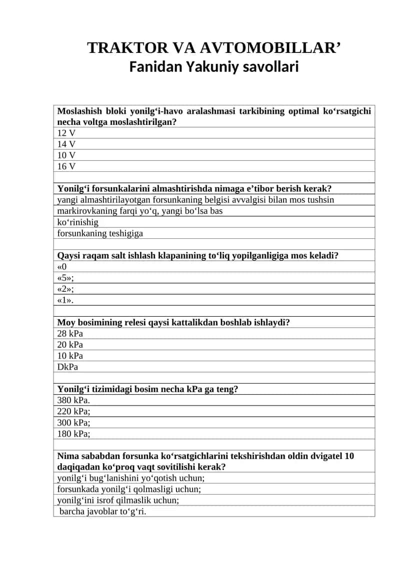 TRAKTOR VA AVTOMOBILLAR’ Fanidan Yakuniy savollari 1