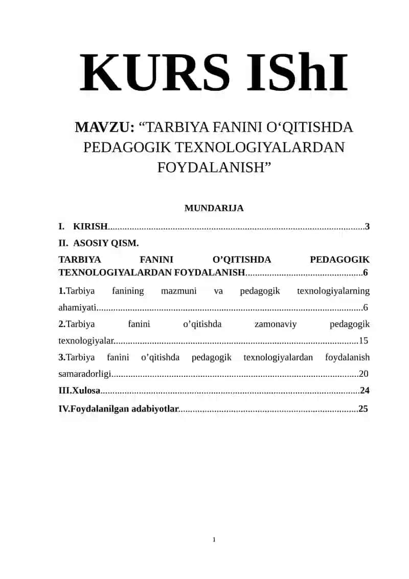 TARBIYA FANINI O‘QITISHDA PEDAGOGIK TEXNOLOGIYALARDAN FOYDALANISH