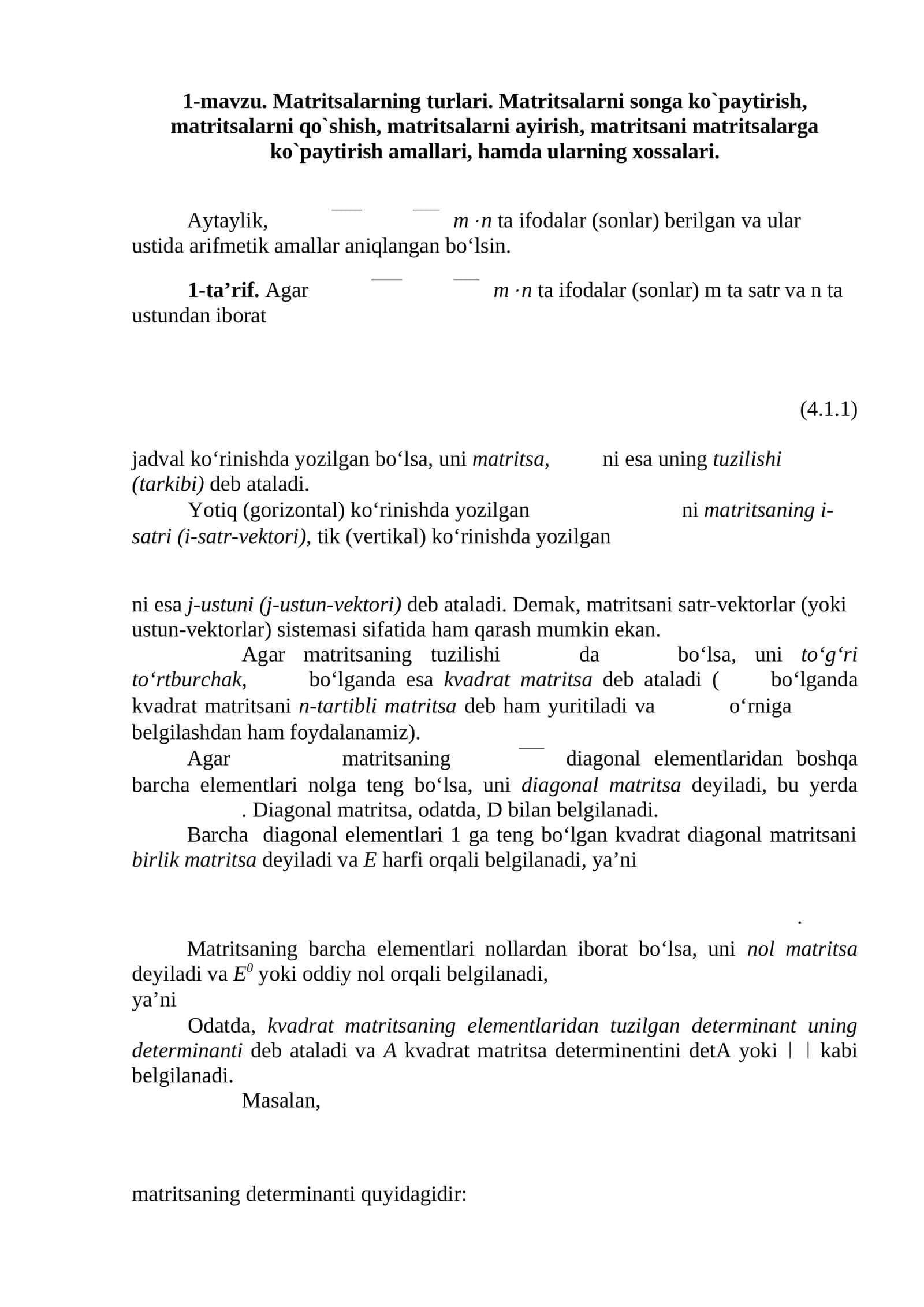 Matritsalarning turlari 1