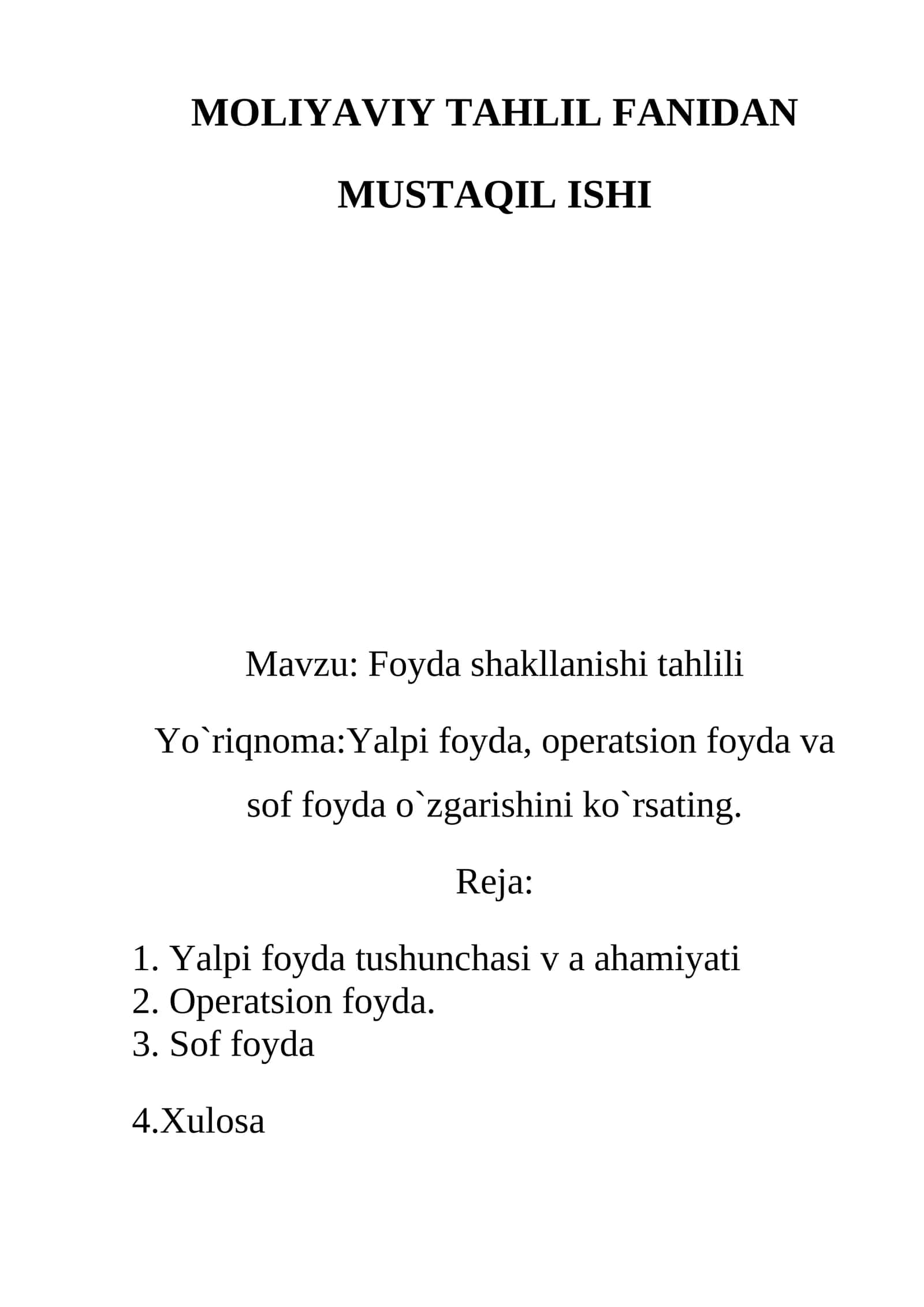 Foyda shakllanishi tahlili 1