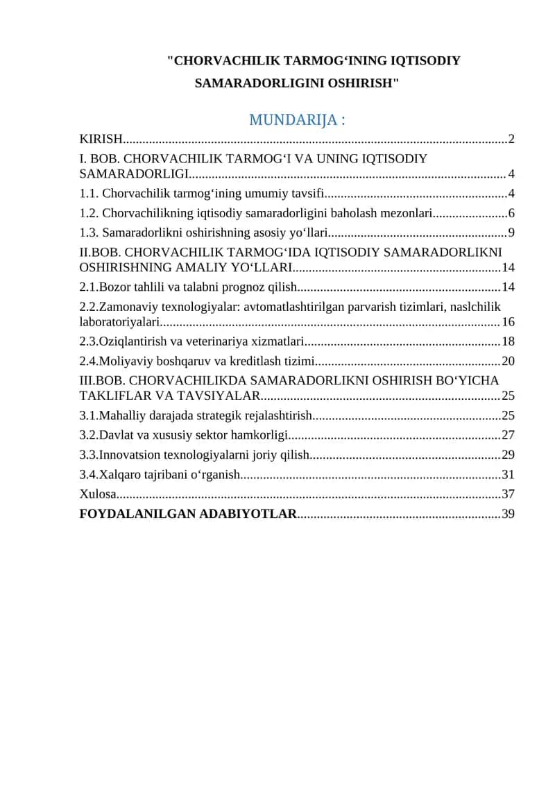 CHORVACHILIK TARMOG‘INING IQTISODIY SAMARADORLIGINI OSHIRISH 1
