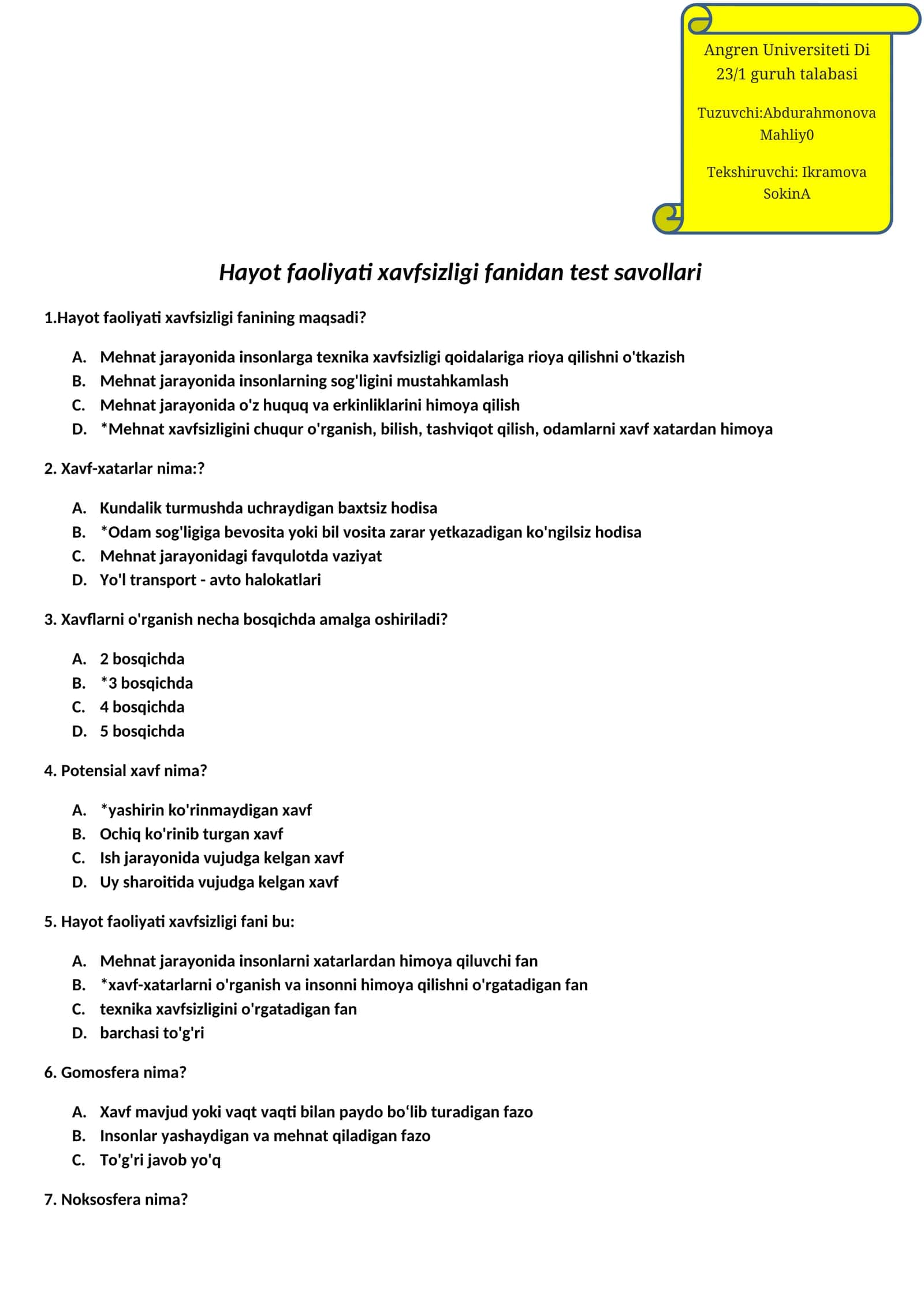 Hayot faoliyati xavfsizligi fanidan test savollari 1