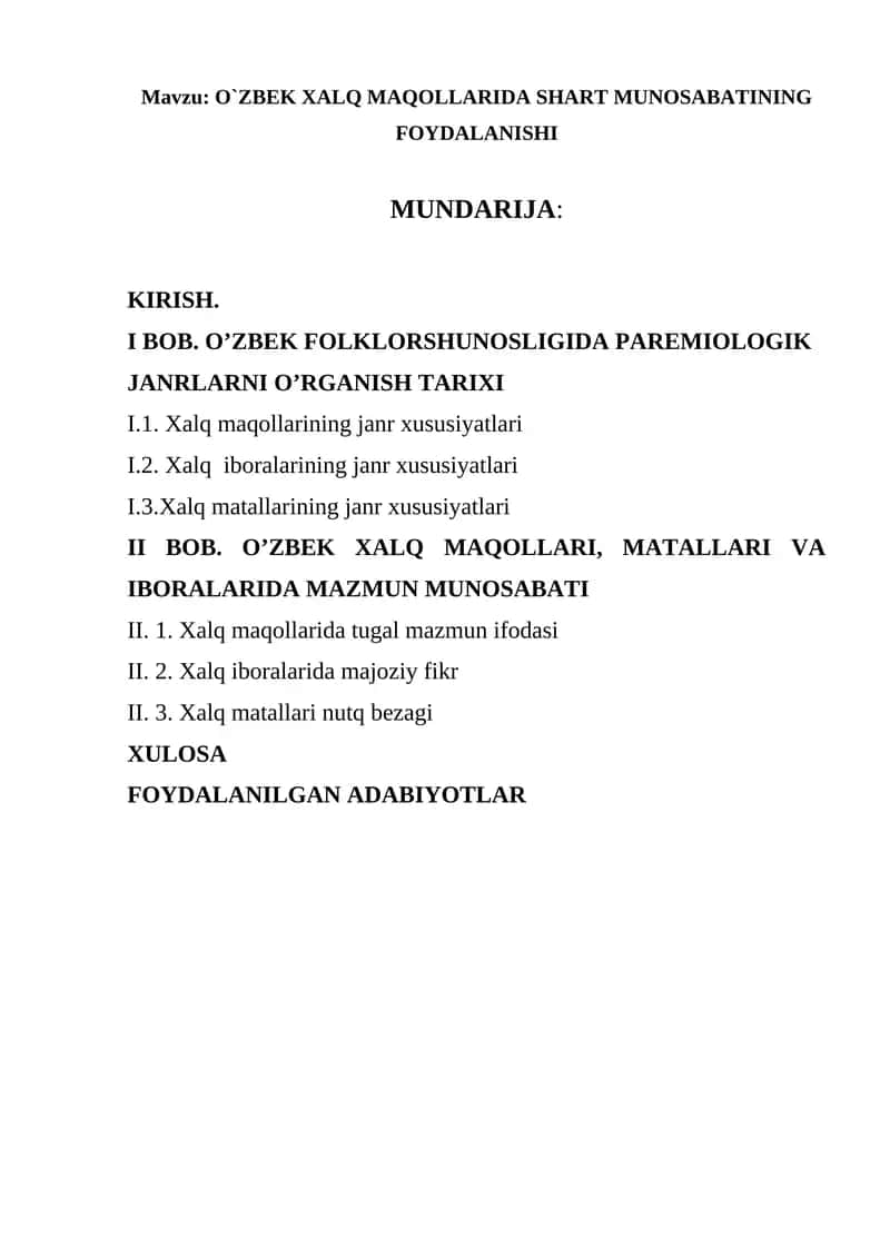 O`ZBEK XALQ MAQOLLARIDA SHART MUNOSABATINING FOYDALANISHI 1