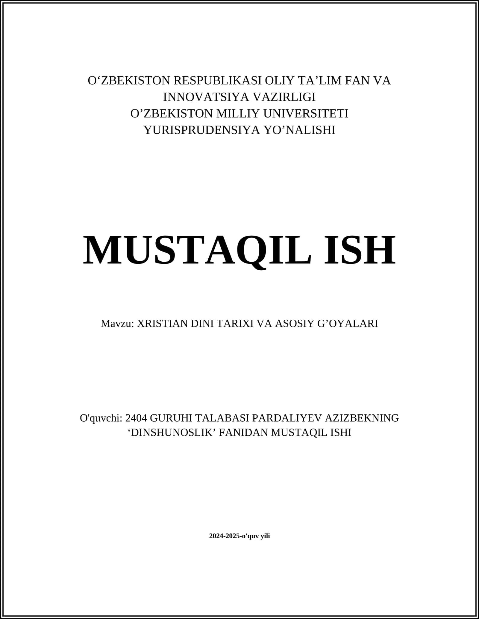 XRISTIAN DINI TARIXI VA ASOSIY G’OYALARI 1