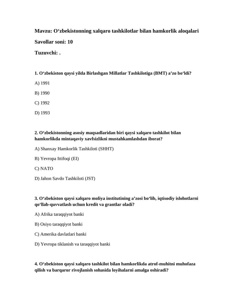 Oʻzbekistonning xalqaro tashkilotlar bilan hamkorlik aloqalari 1