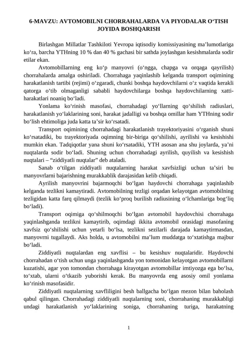 AVTOMOBILNI CHORRAHALARDA VA PIYODALAR O‘TISH JOYIDA BOSHQARISH 1