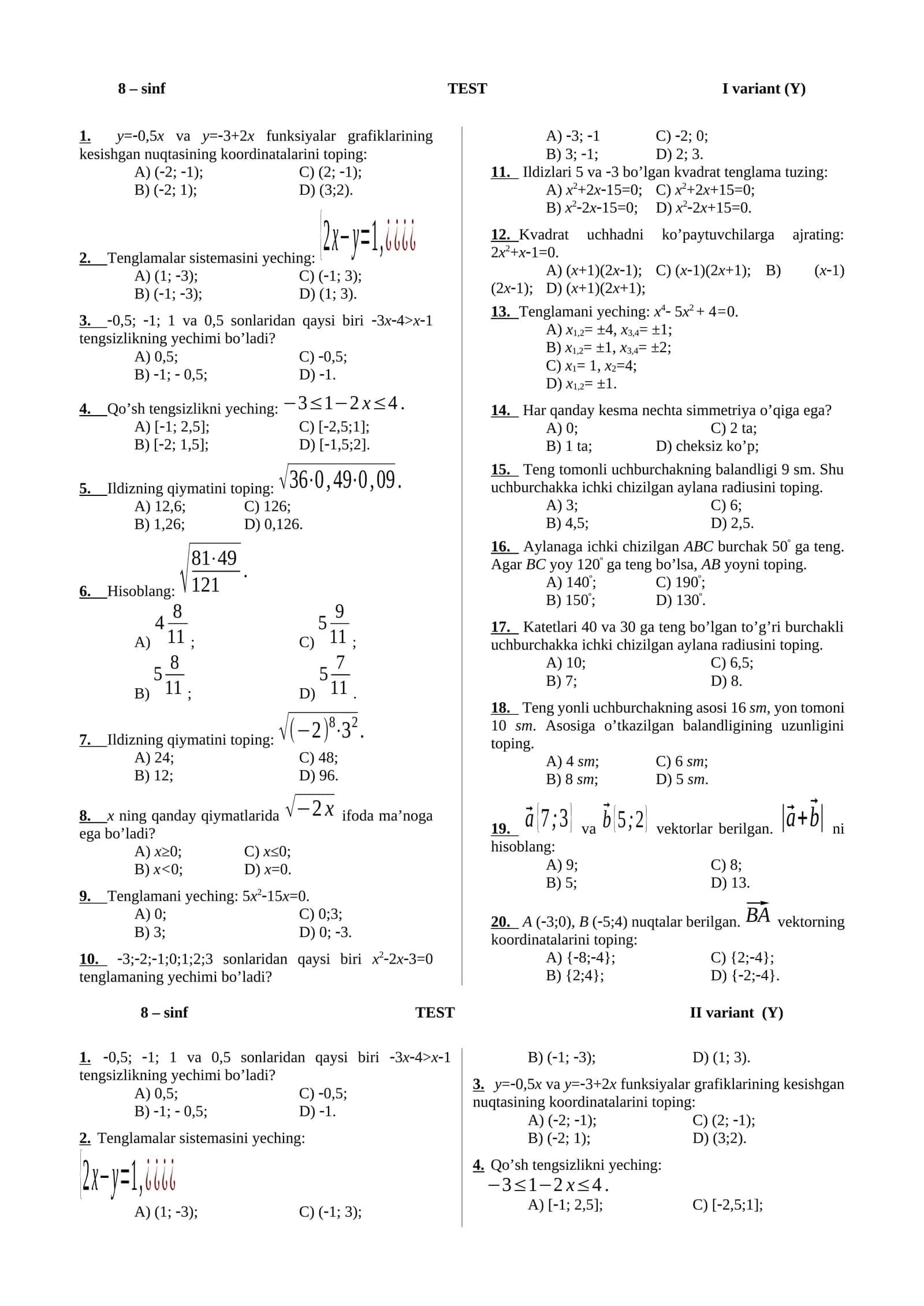 8 – sinf TEST I variant (Y) 1