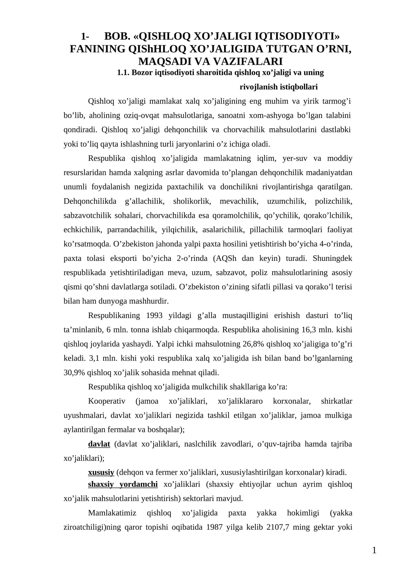 QISHLOQ XO’JALIGI IQTISODIYOTI 1