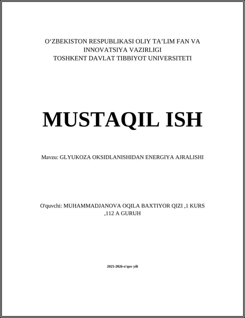 GLYUKOZA OKSIDLANISHIDAN ENERGIYA AJRALISHI 1