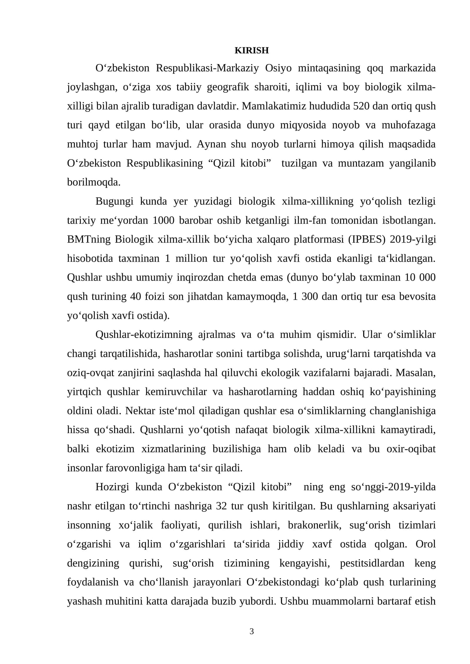 O‘zbekiston Respublikasi “Qizil kitobi”ga kiritilgan qushlarning hozirgi holati va muhofaza qilish choralari 1