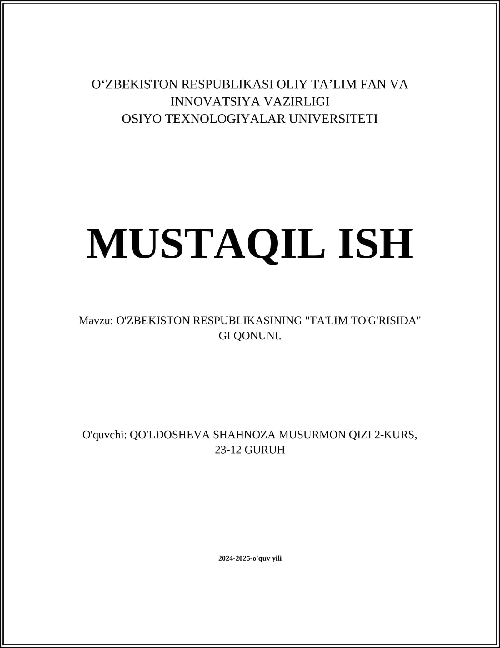 O'ZBEKISTON RESPUBLIKASINING "TA'LIM TO'G'RISIDA" GI QONUNI 1