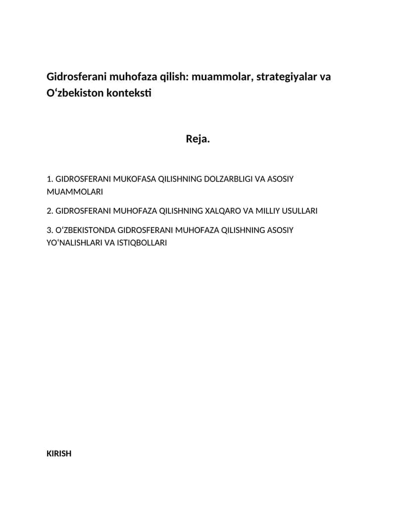 Gidrosferani muhofaza qilish: muammolar, strategiyalar va Oʻzbekiston konteksti 1