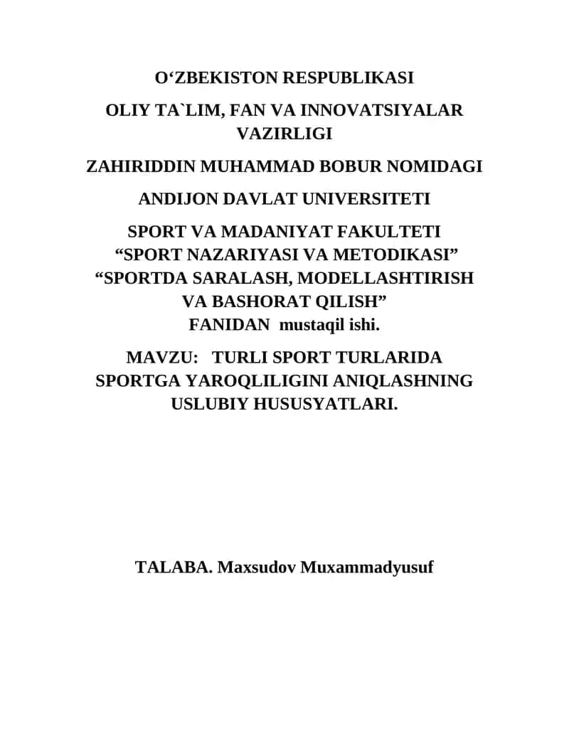 SPORTDA SARALASH, MODELLASHTIRISH VA BASHORAT QILISH 1