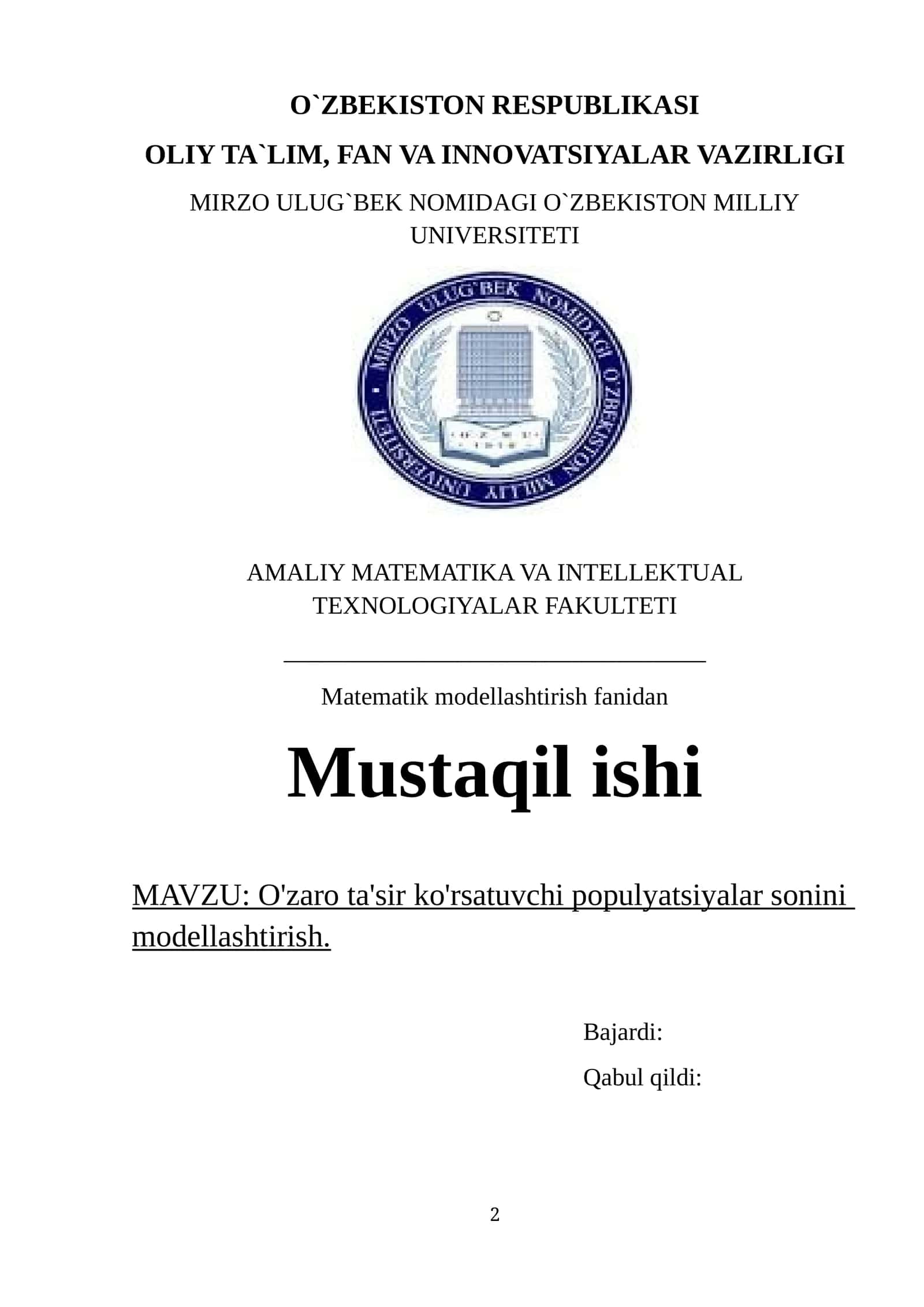 O'zaro ta'sir ko'rsatuvchi populyatsiyalar sonini modellashtirish 1