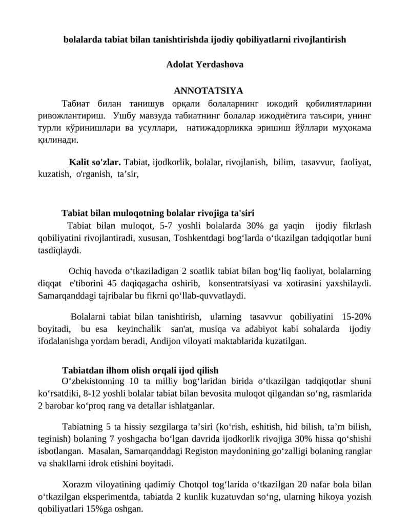 Bolalarda tabiat bilan tanishtirishda ijodiy qobiliyatlarni rivojlantirish 1