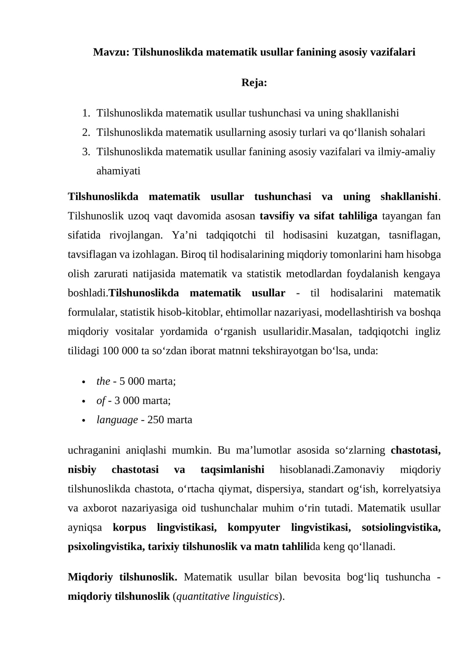 Tilshunoslikda matematik usullar fanining asosiy vazifalari 1