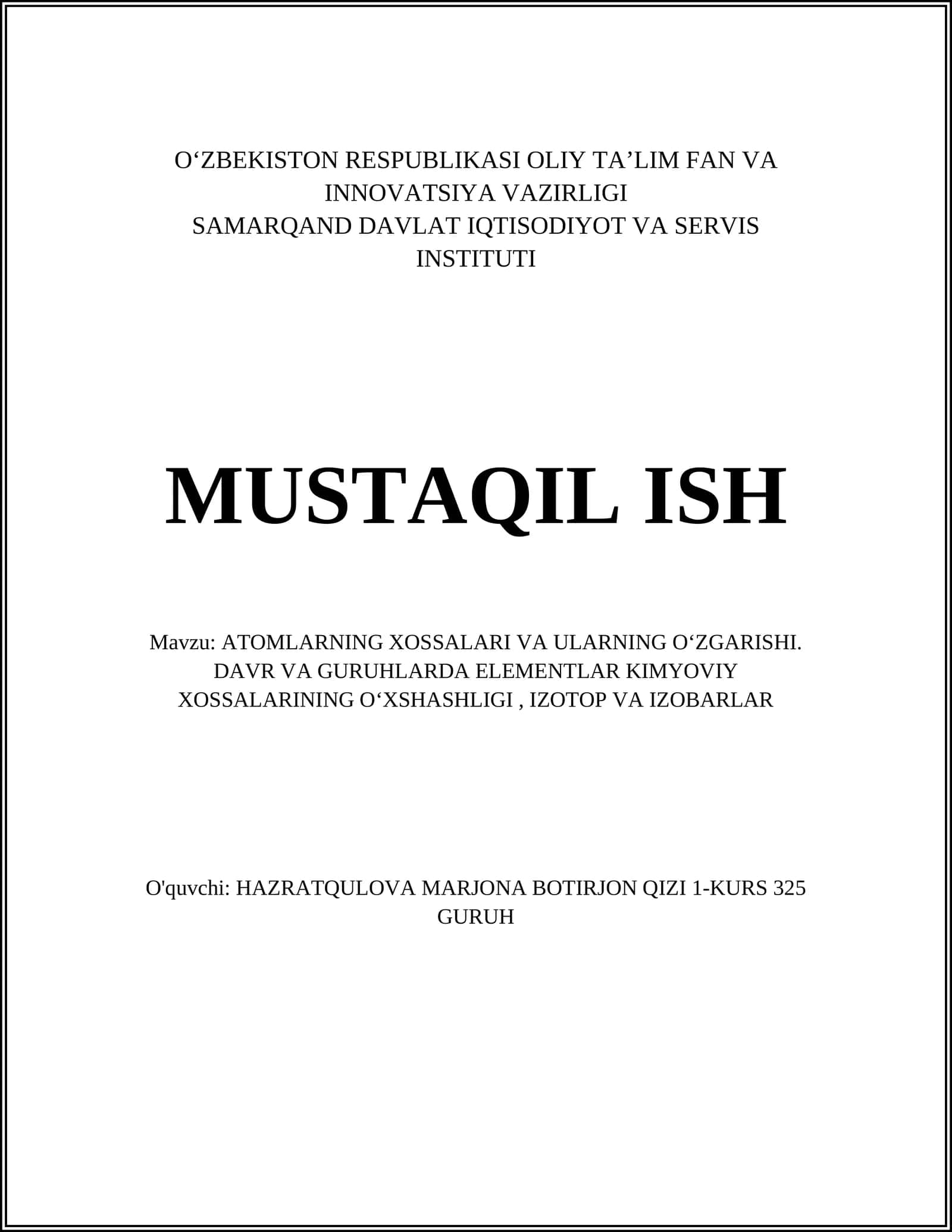 Atomların XOSSALARI VA ULARNING OʻZGARISHI 1