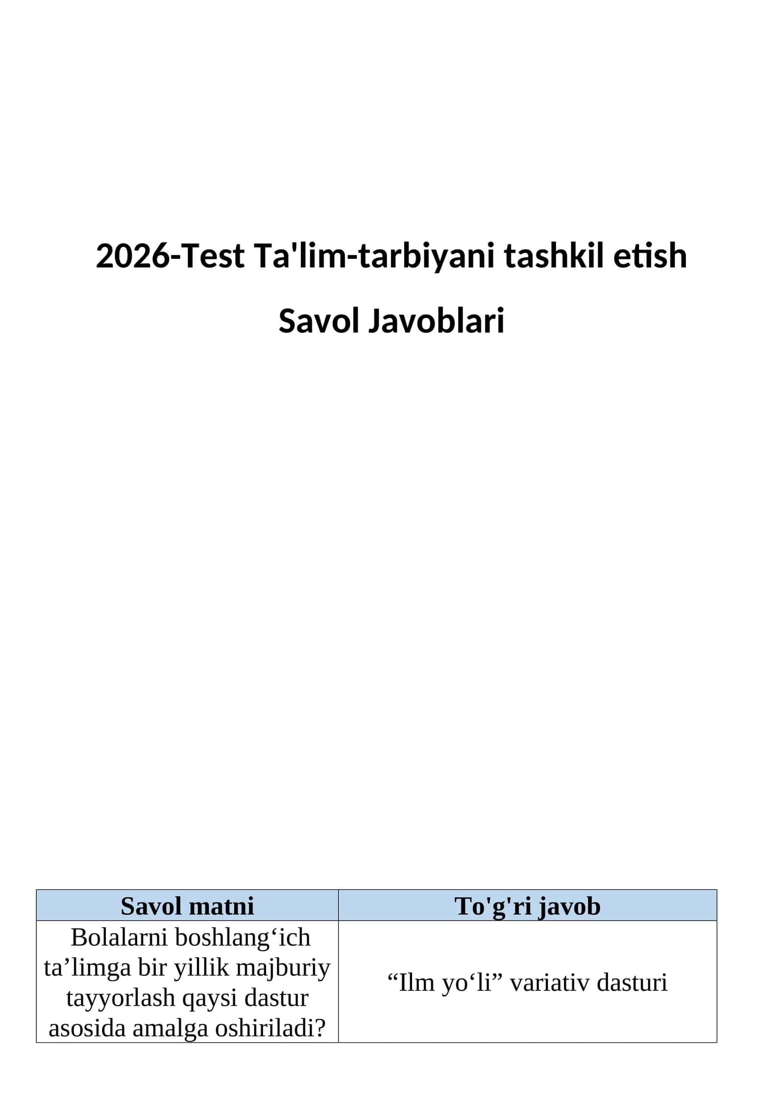 Talim-tarbiyani tashkil etish test 200ta savol Javoblari 1