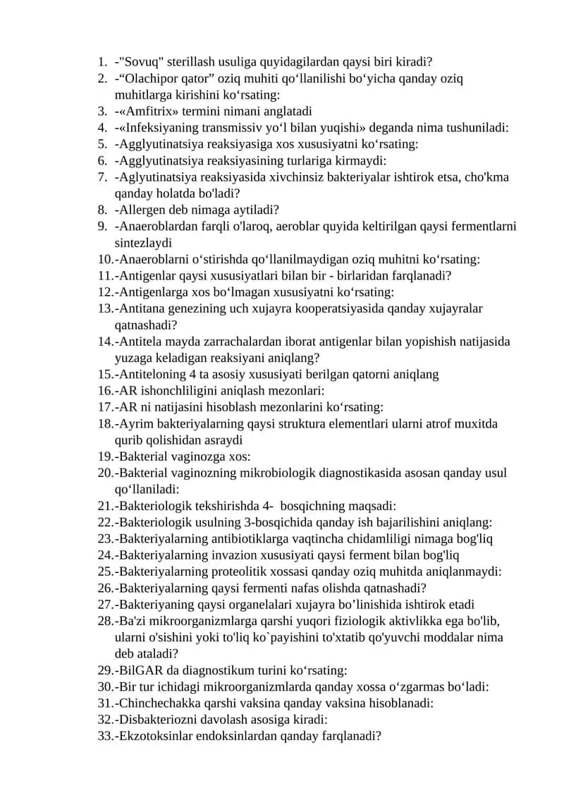 Mikrobiologiya va immunologiya fanidan test savollari 1