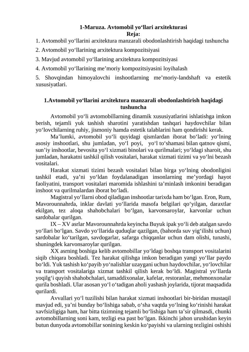Maruza. Avtomobil yo‘llari arxitekturasi 1