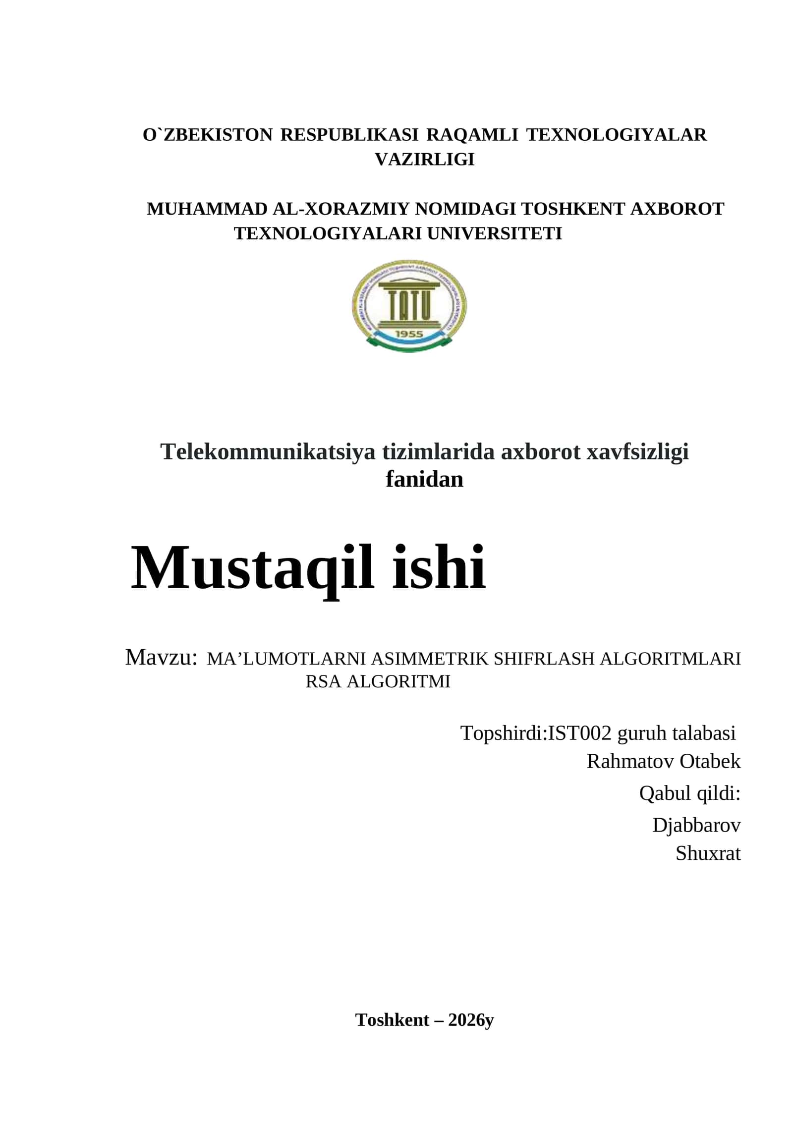 Telekommunikatsiya tizimlarida axborot xavfsizligi 1