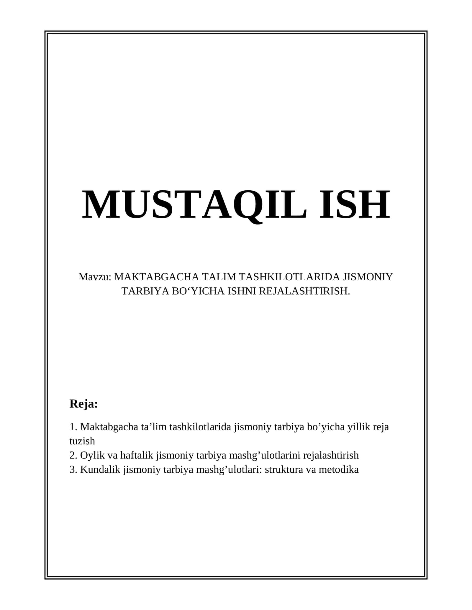 Maktabgacha taʼlim tashkilotlarida jismoniy tarbiya boʻyicha yillik reja tuzish 1