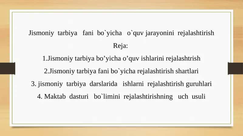 Jismoniy tarbiya fani bo`yicha o`quvjarayonini rejalashtirish 1