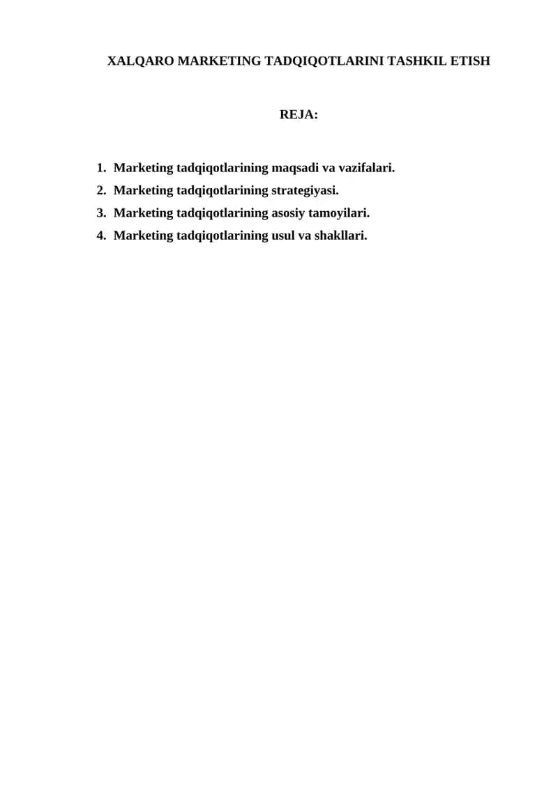 XALQARO MARKETING TADQIQOTLARINI TASHKIL ETISH 1