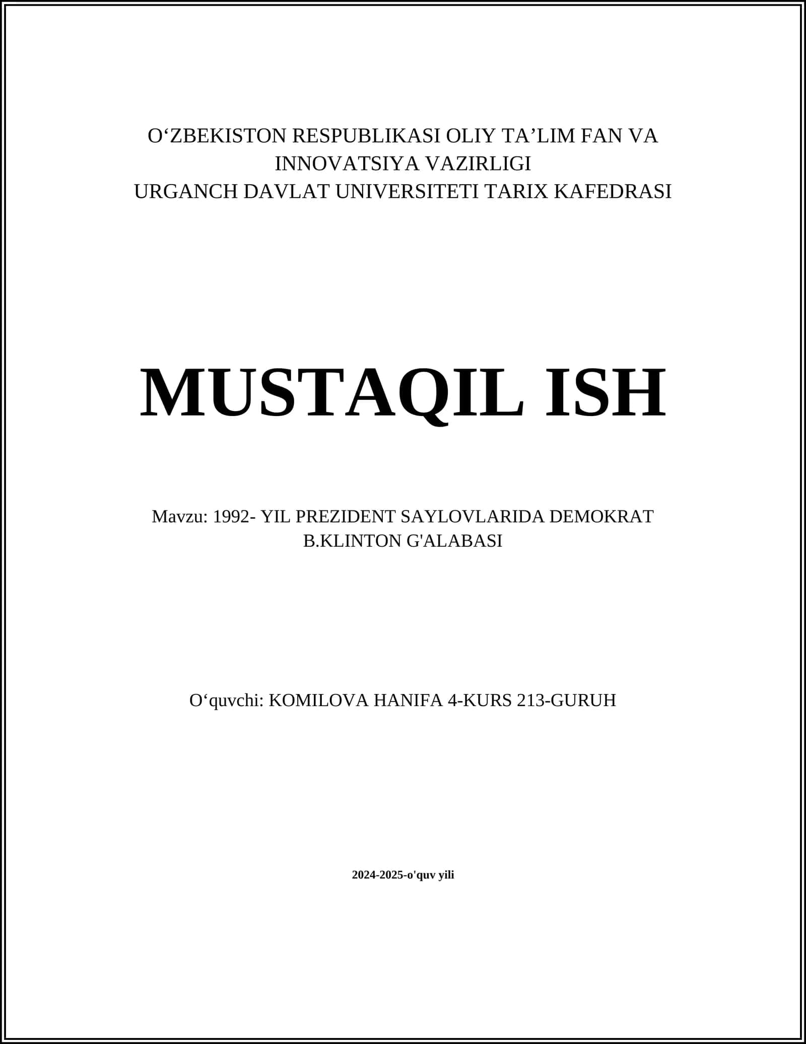 1992- YIL PREZIDENT SAYLOVLARIDA DEMOKRAT B.KLINTON G'ALABASI 1