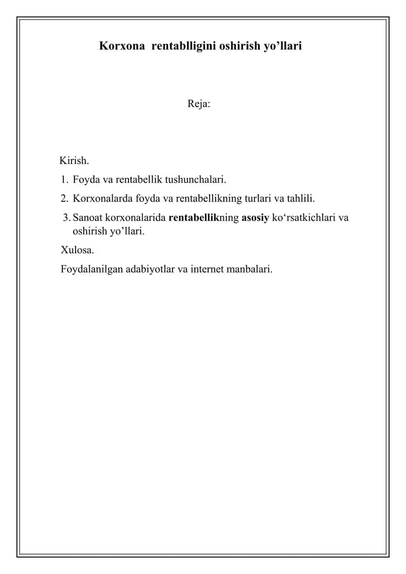 Korxona rentablligini oshirish yo’llari 1