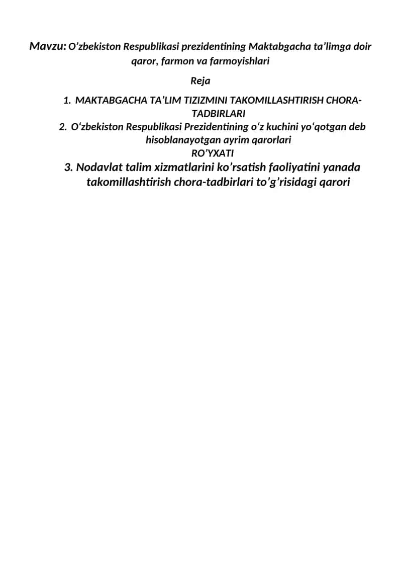 O’zbekiston Respublikasi prezidentining Maktabgacha ta’limga doir qaror, farmon va farmoyishlari 1