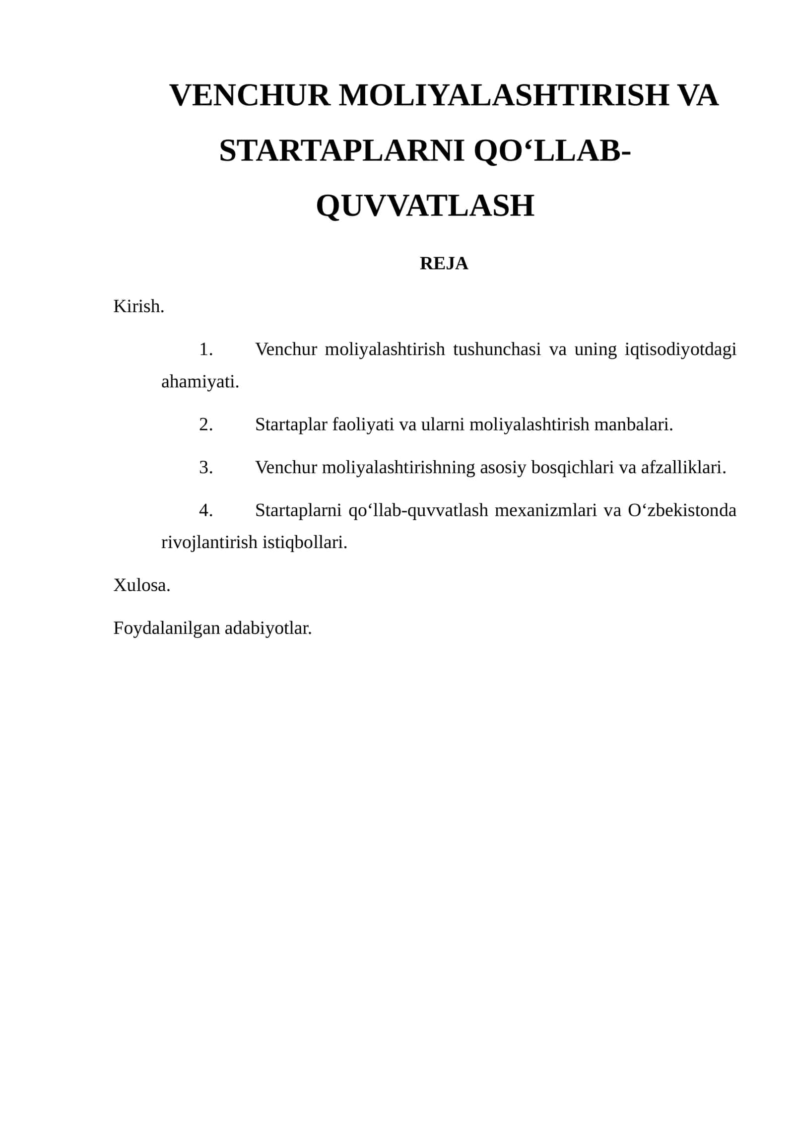 VENCHUR MOLIYALASHTIRISH VA STARTAPLARNI QO‘LLAB-QUVVATLASH 1