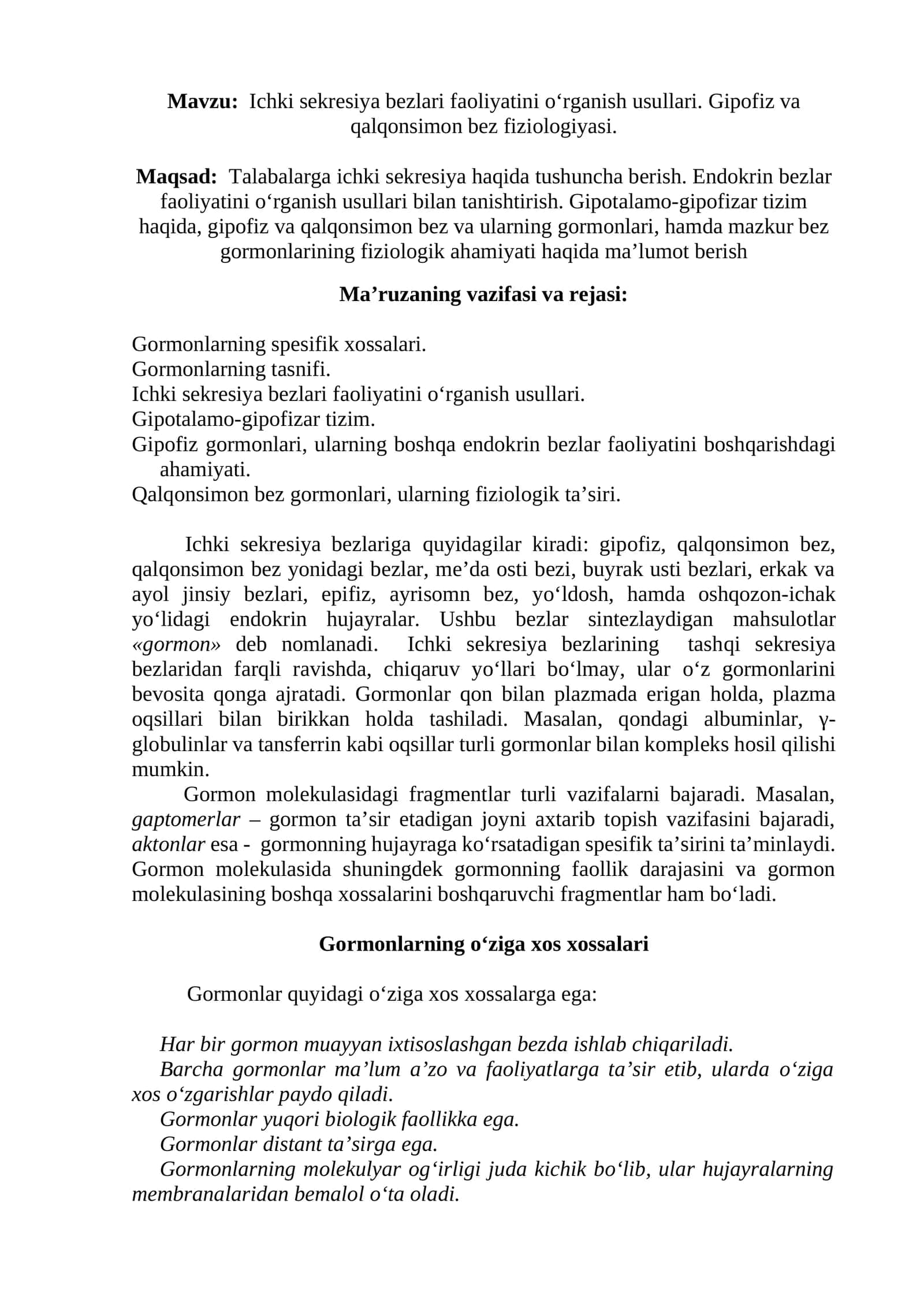 Ichki sekresiya bezlari faoliyatini o‘rganish usullari. Gipofiz va qalqonsimon bez fiziologiyasi 1