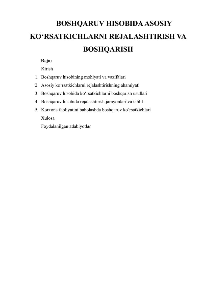BOSHQARUV HISOBIDA ASOSIY KO‘RSATKICHLARNI REJALASHTIRISH VA BOSHQARISH 1