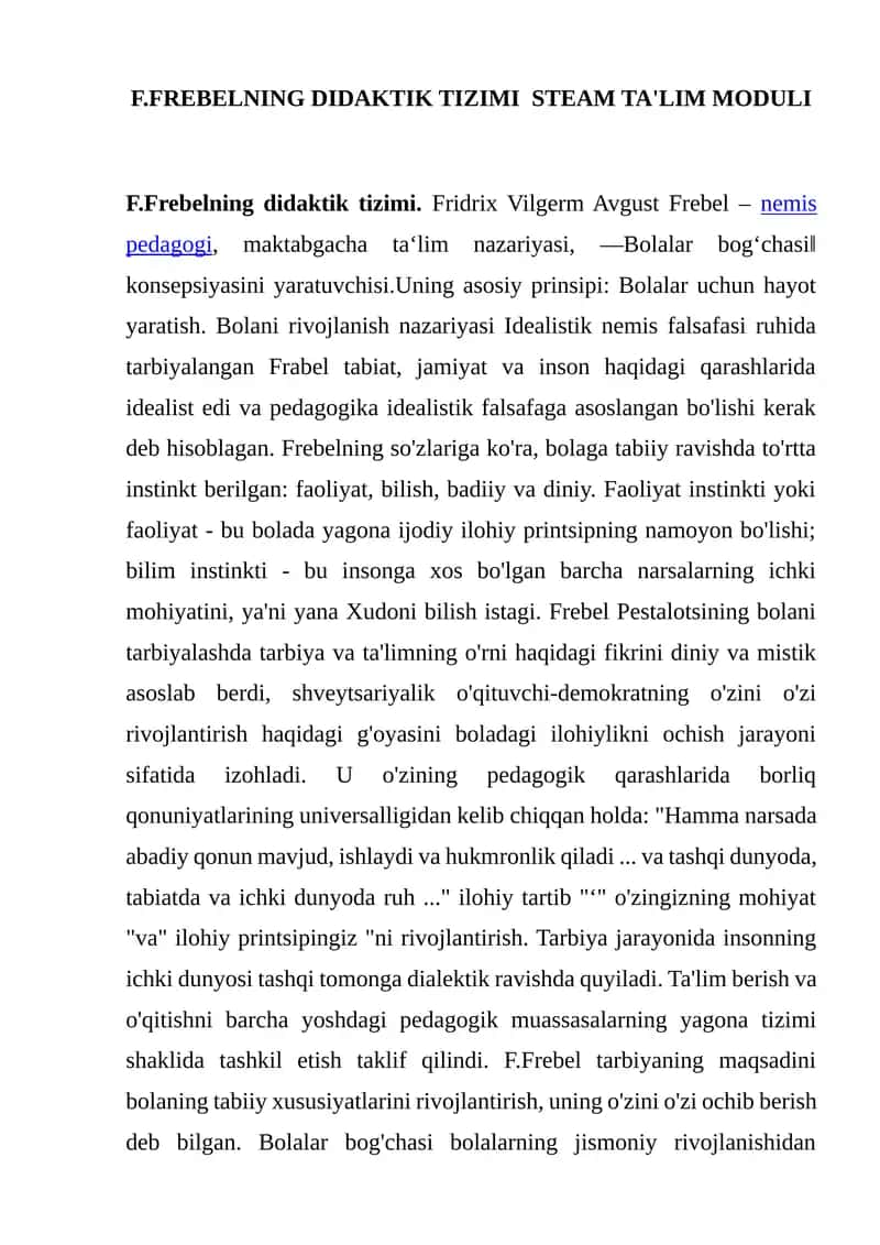 F.FREBELNING DIDAKTIK TIZIMI STEAM TA'LIM MODULI 1