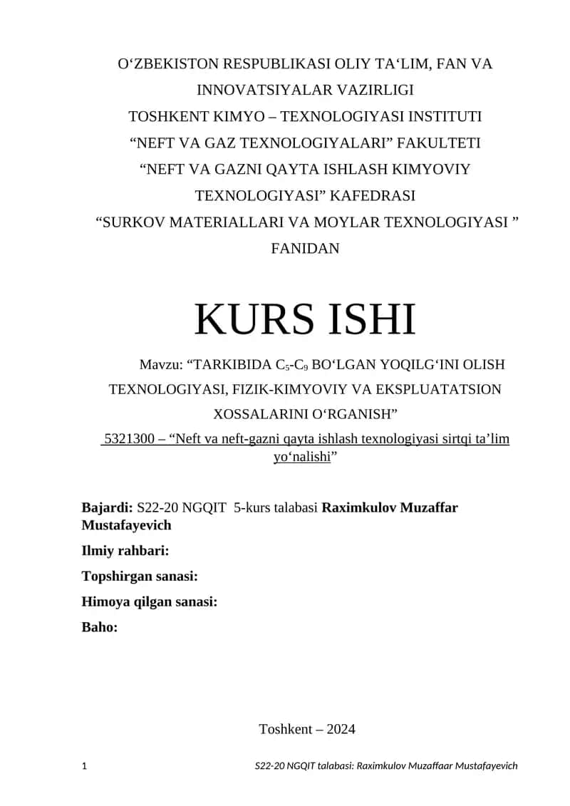 "Neft va gazni qayta ishlash kimyoviy texnologiyasi" Kurs ishi 1