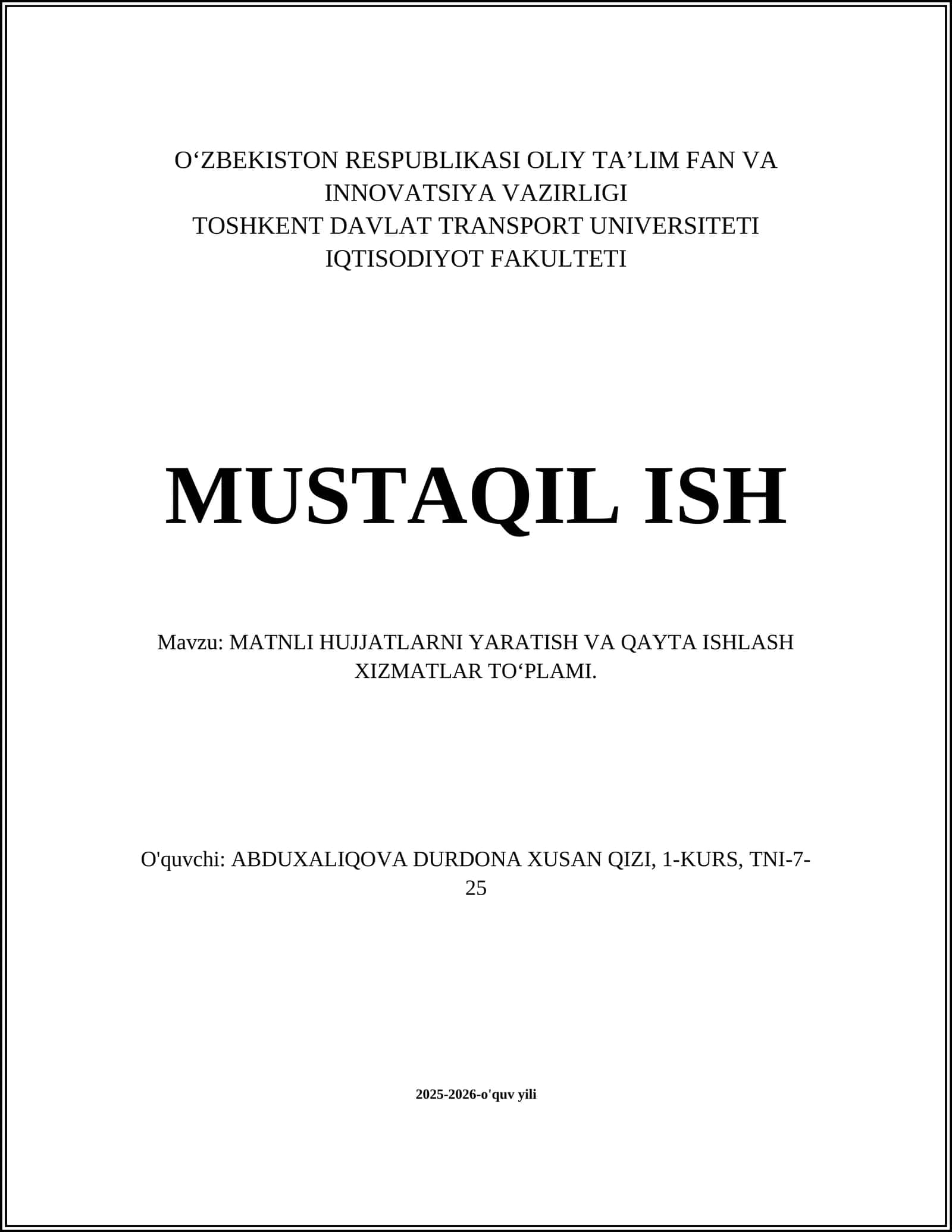 MATNLI HUJJATLARNI YARATISH VA QAYTA ISHLASH XIZMATLAR TO‘PLAMI 1